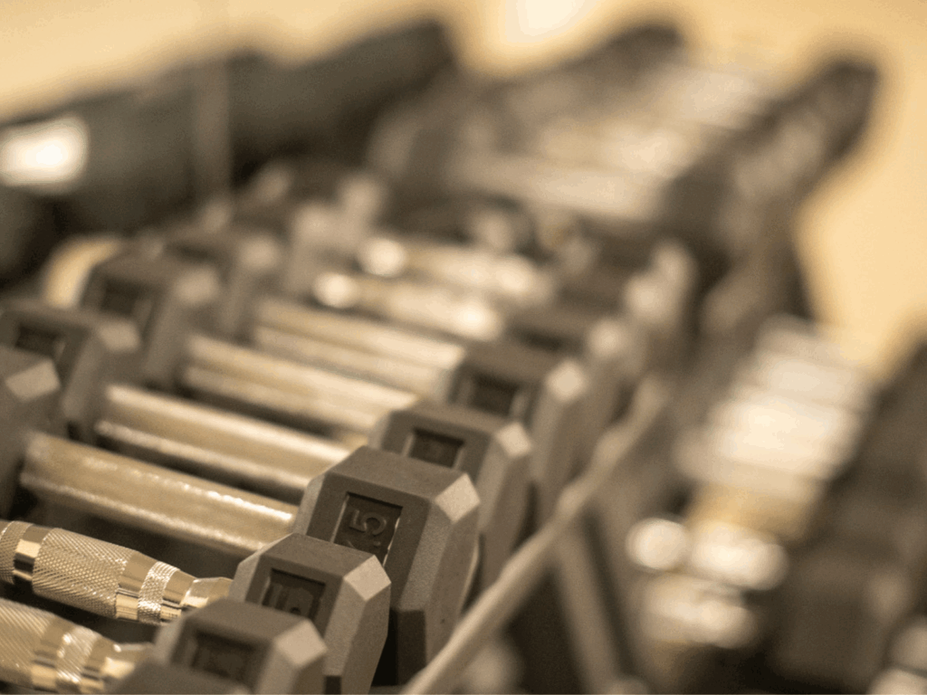 Close-up of dumbbells at Vitruv’s private personal training studio in Waterbury, Vermont.